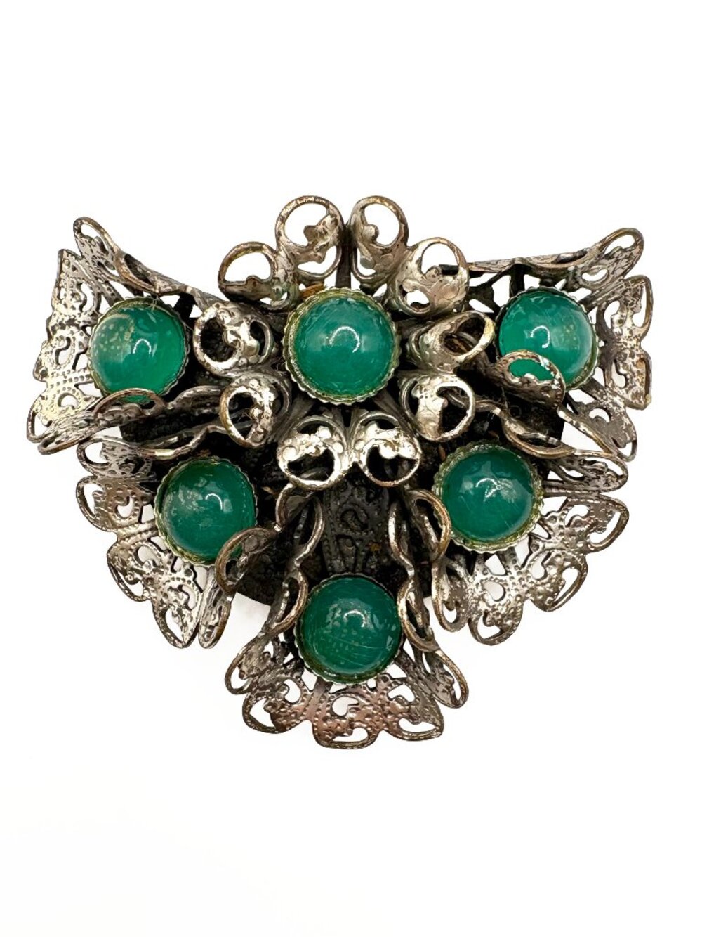 Antique Early 1900s Art Deco Filigree Dress Clip Green Glass Cabochon